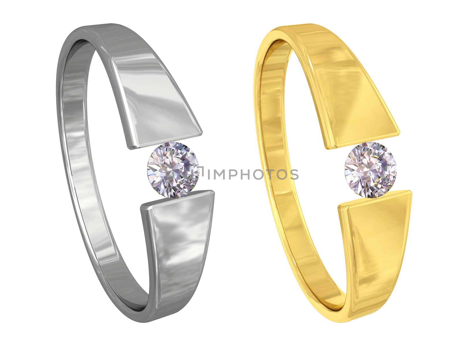 Gold and silver rings with diamonds isolated on white background. High resolution 3D image.