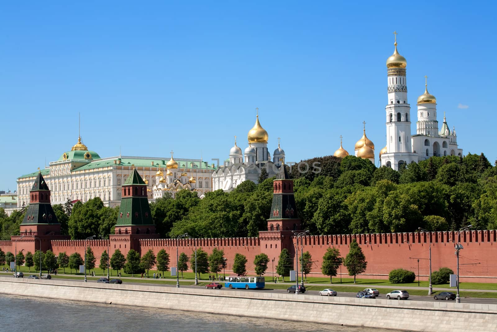 Russian red Kremlin view at day with river