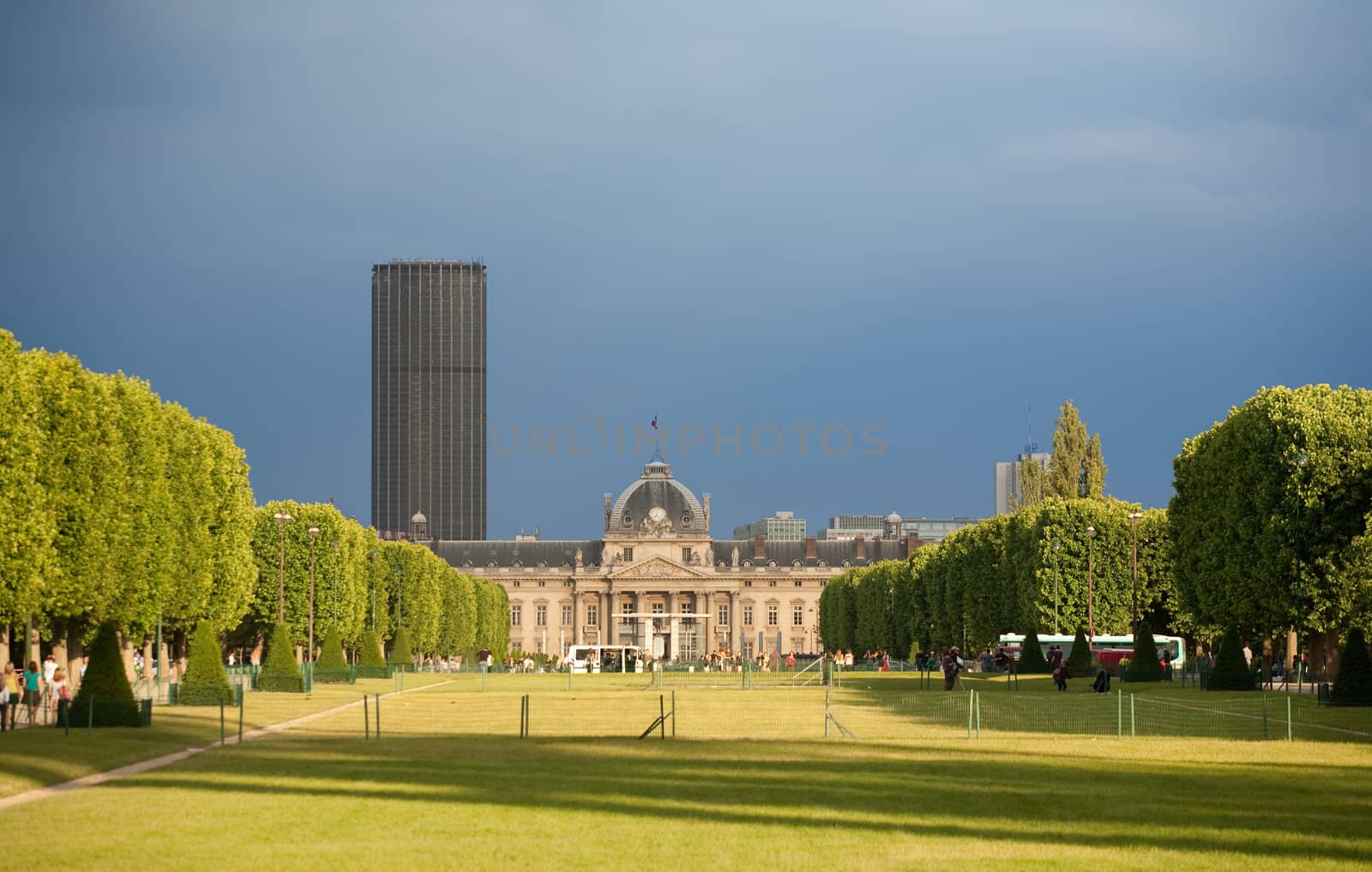 Military academy at Champ de Mars in Paris at dusk in summer