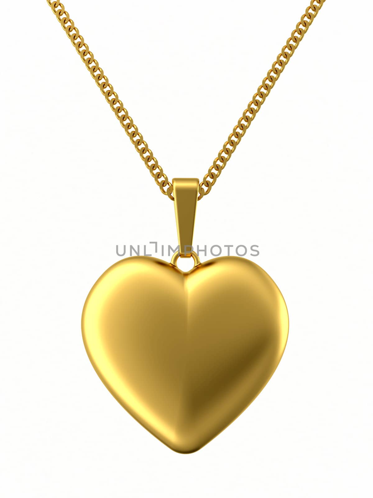 Golden pendant in shape of heart on chain isolated on white. High resolution 3D image