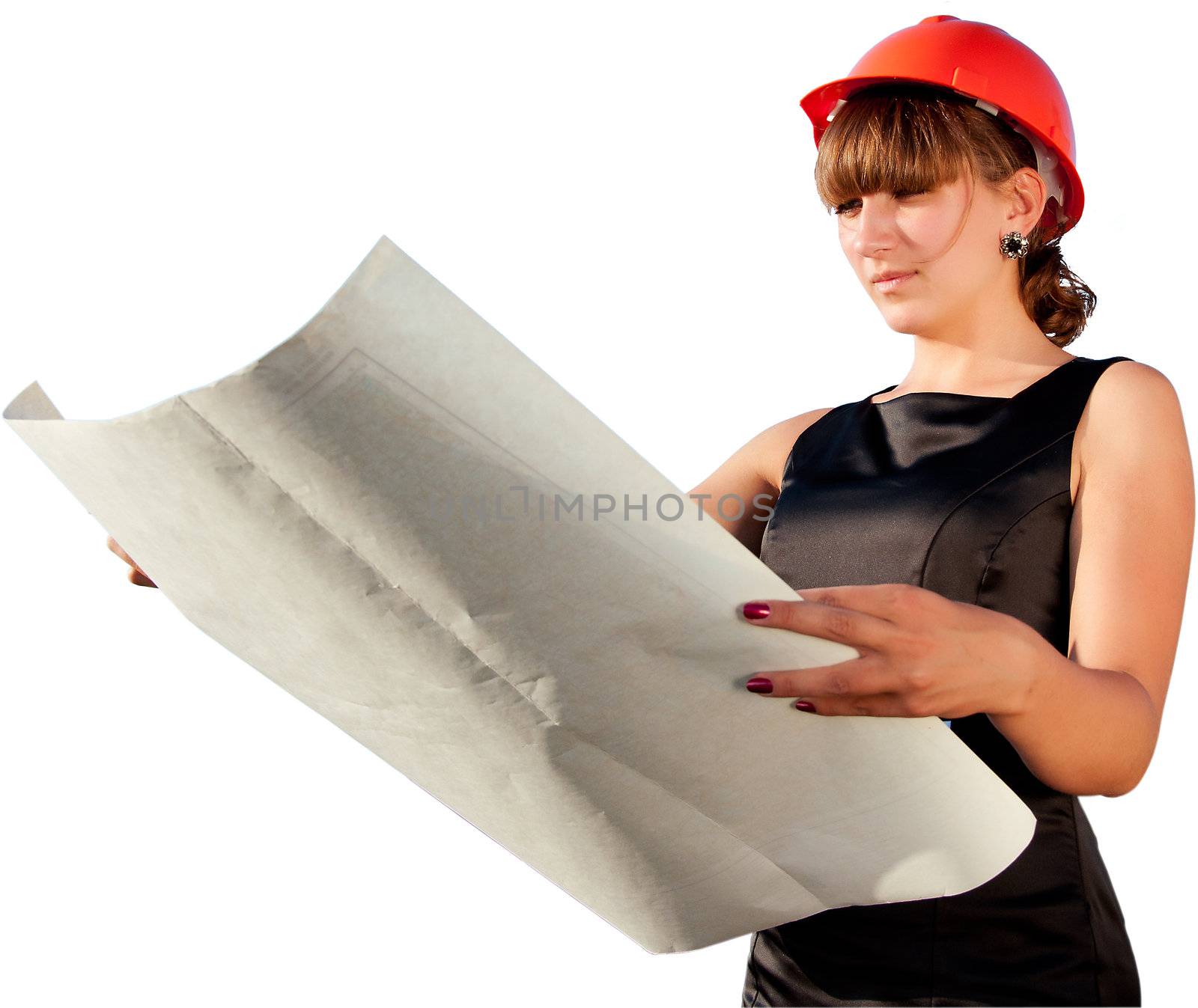 Business woman considers construction plans, white color background
