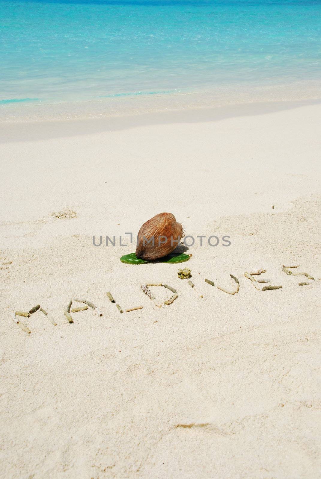 Maldives written in a sandy tropical beach and coconut fruit by luissantos84
