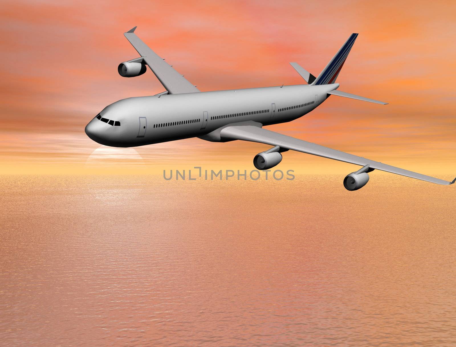 airplane with sunset behind 3d illustration