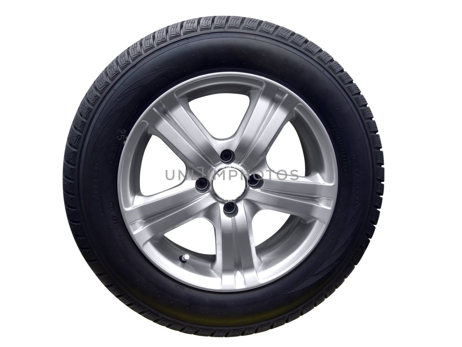 car tire wheel with chrome aluminum rim isolated