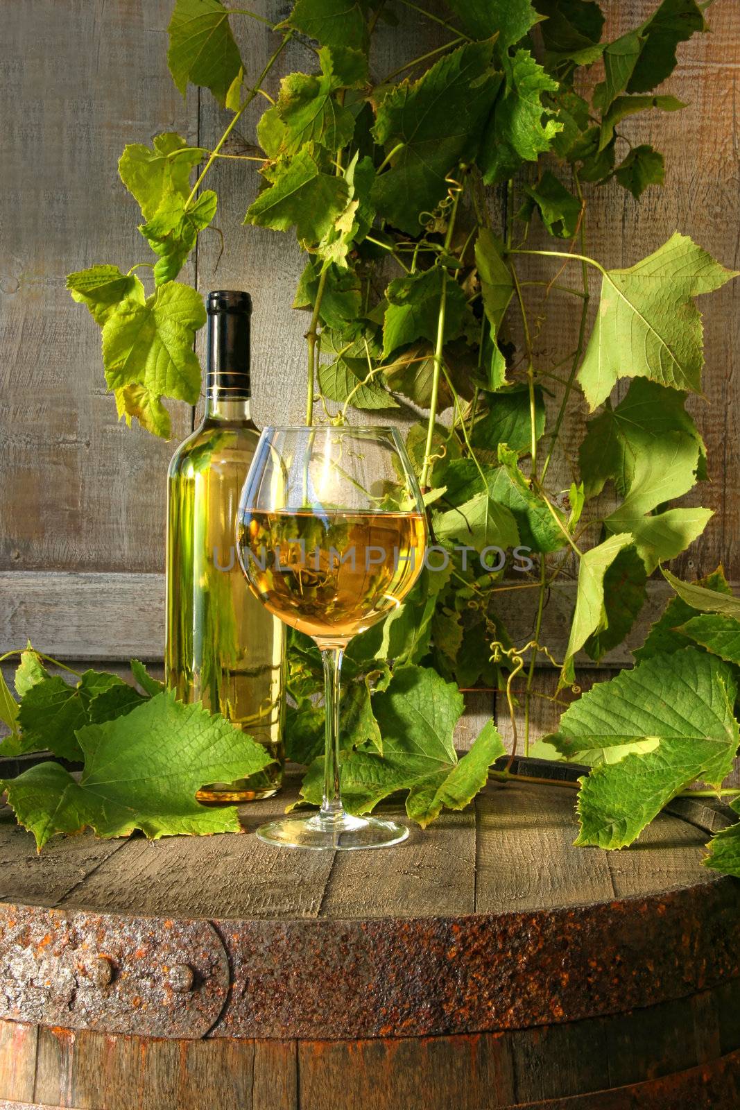 Still life of white wine and grapevine against rustic background