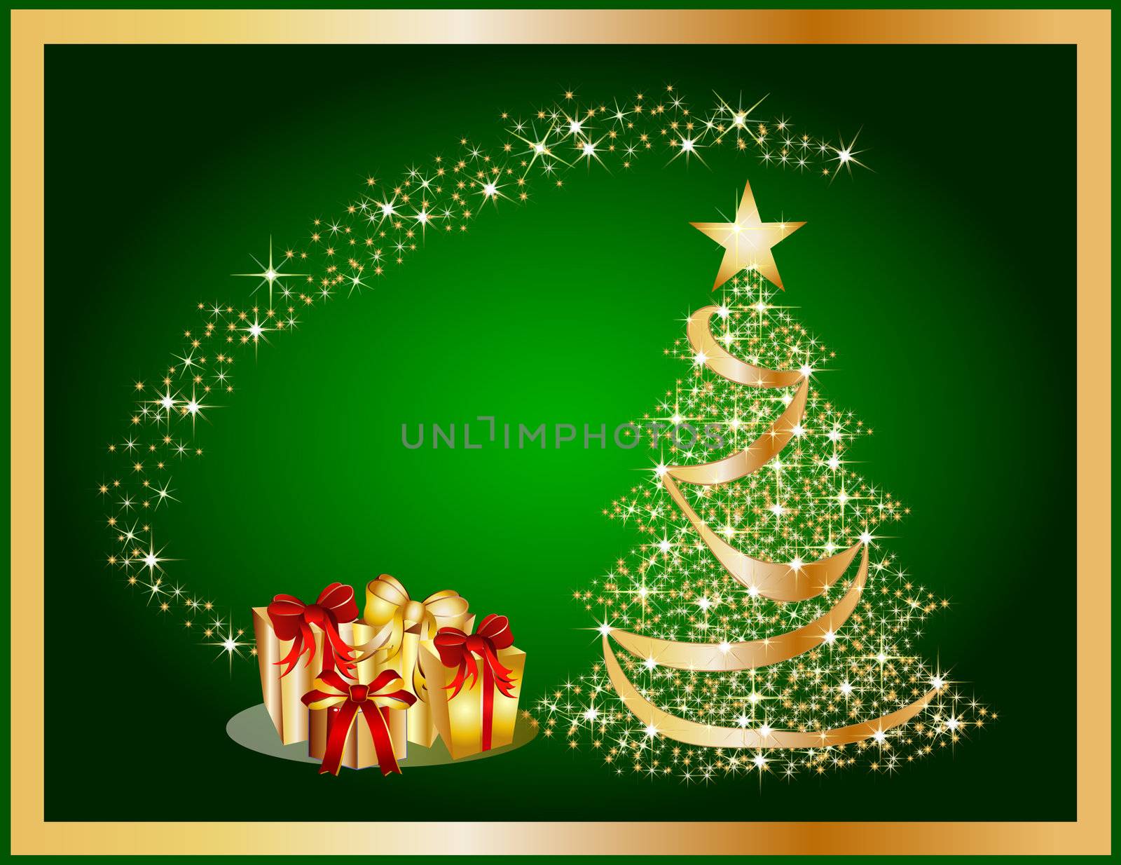 illustration of a golden christmas tree on green background