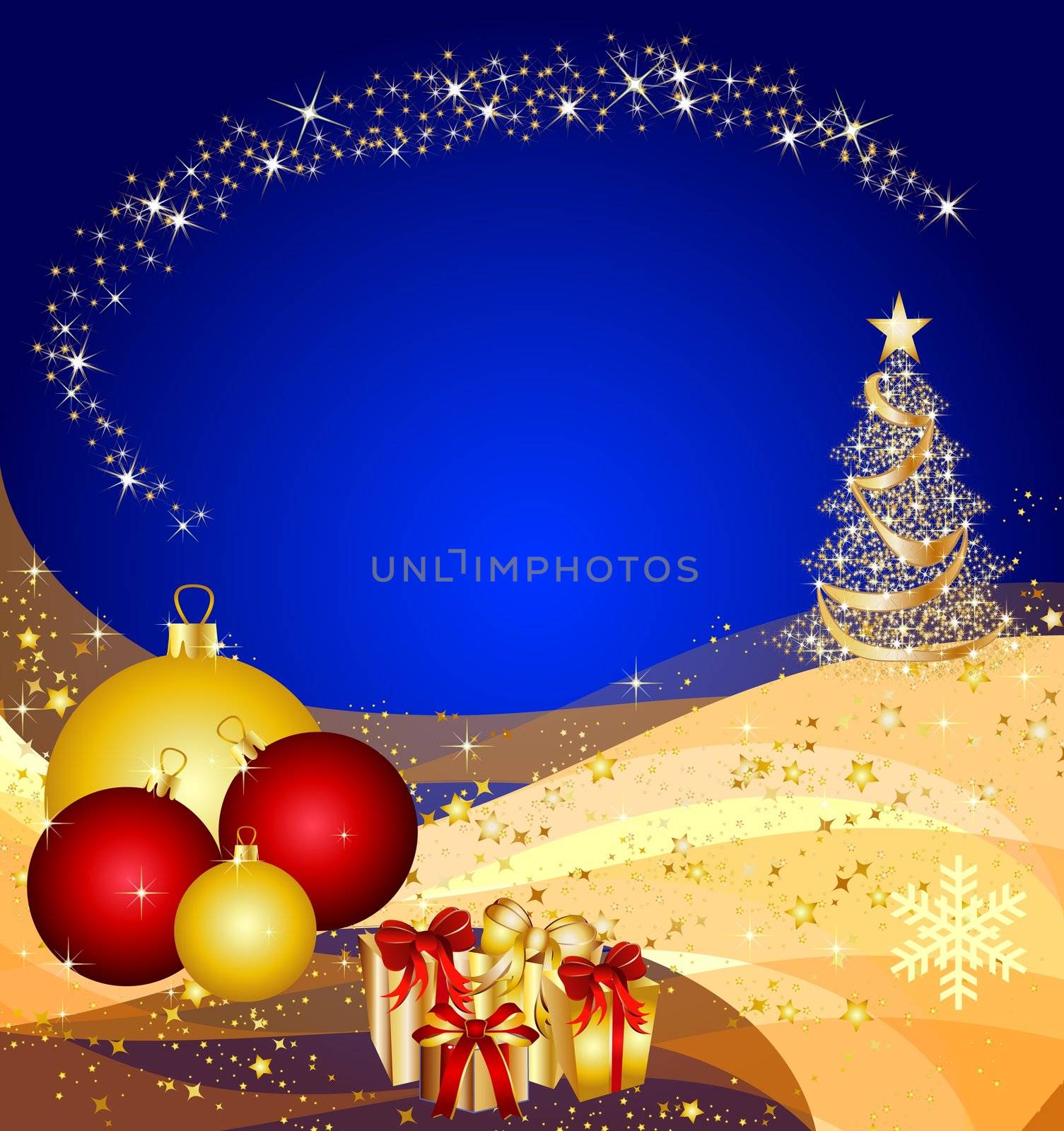 illustration of a christmas tree on golden waves