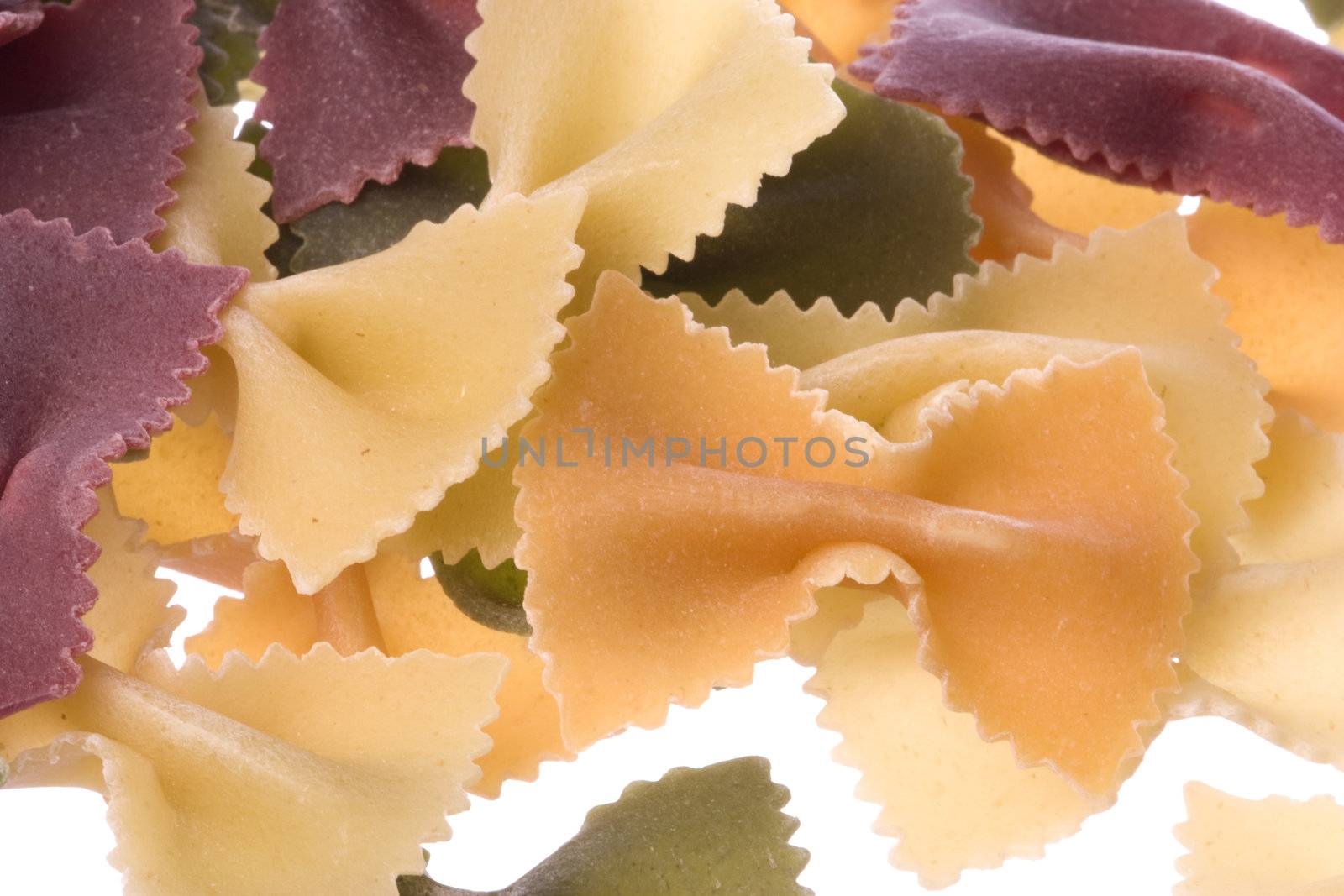Isolated macro image of bowtie shaped organic pasta.