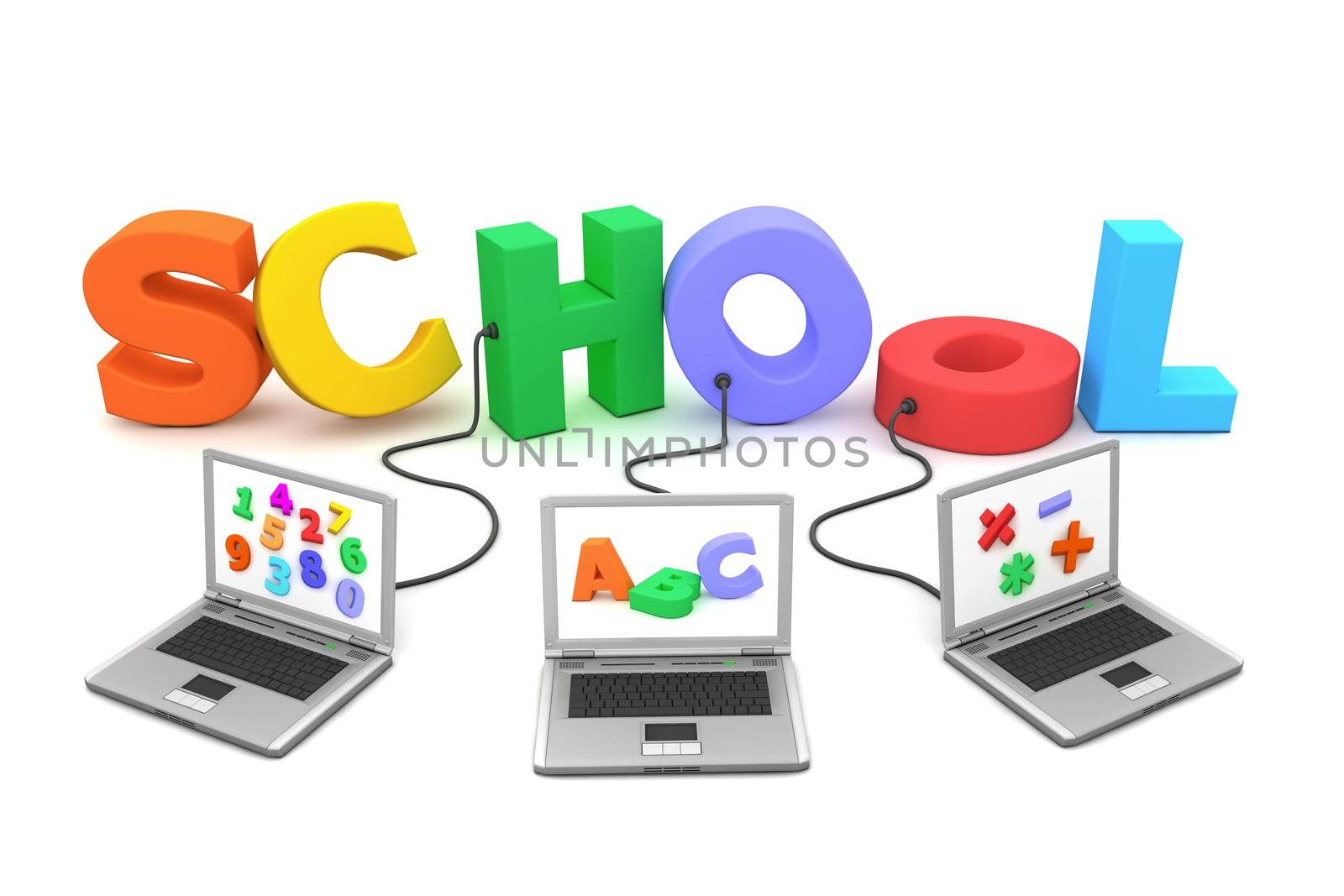 three laptops with different letters, numbers and symbols on the screen are connected to the multicoloured and jumbled 3D letters SCHOOL