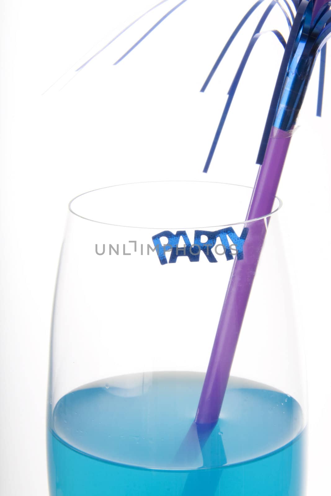 Blue cocktail with a decoration and a party sign