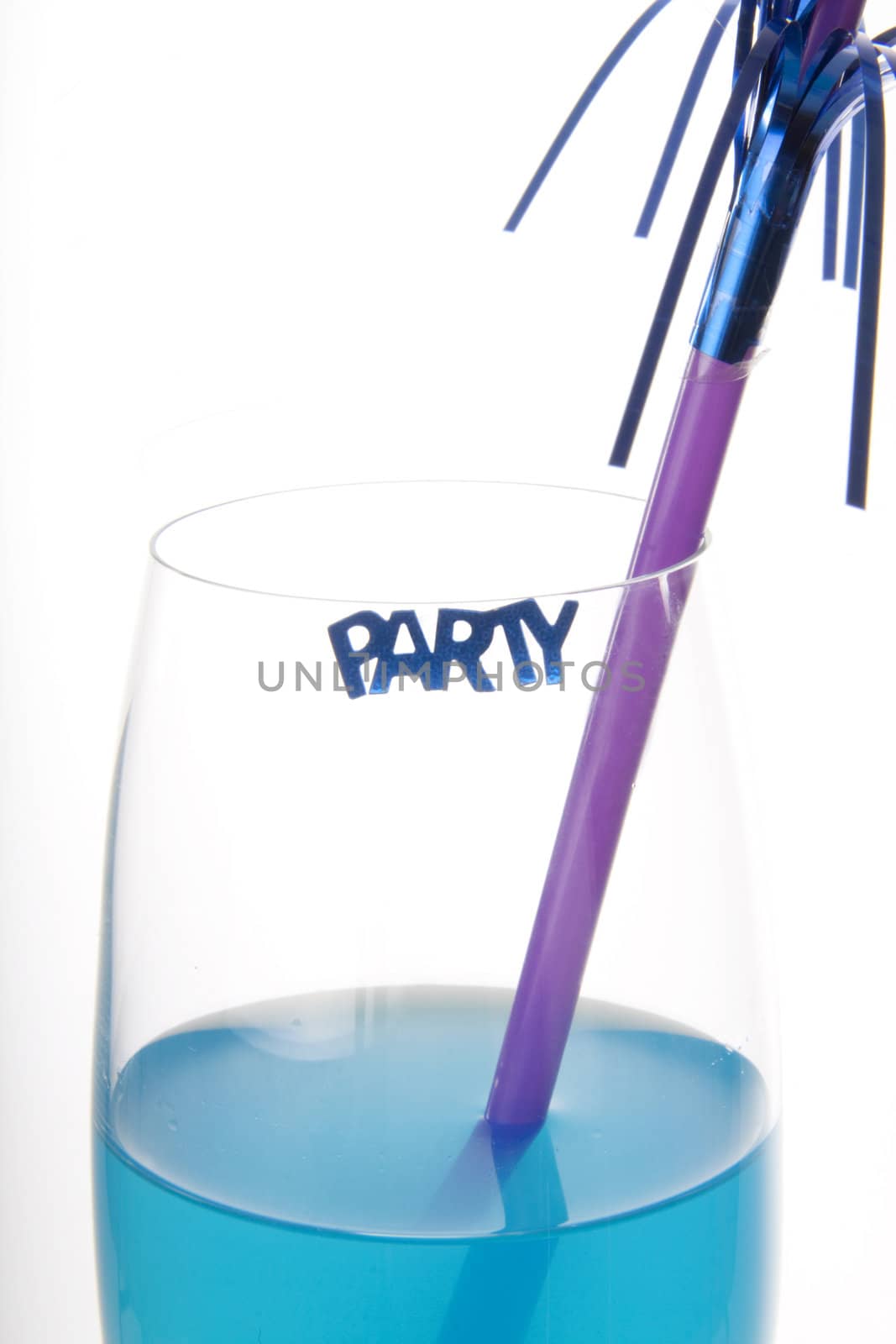 Blue cocktail with a decoration and a party sign