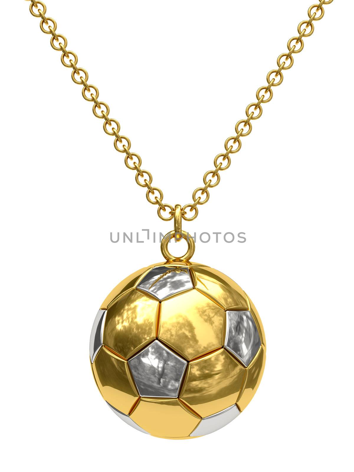 Gold pendant in shape of soccer ball on chain isolated on white. High resolution 3D image