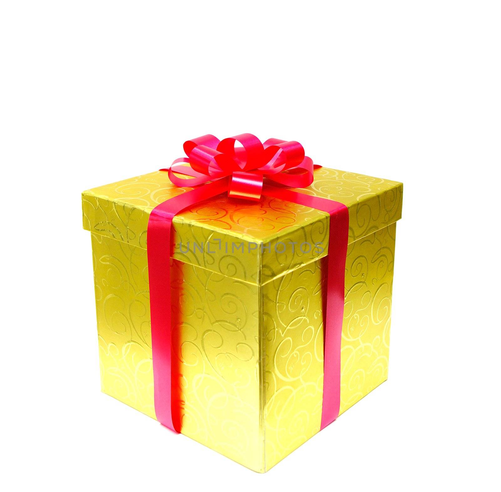 present box in gold wrap on white