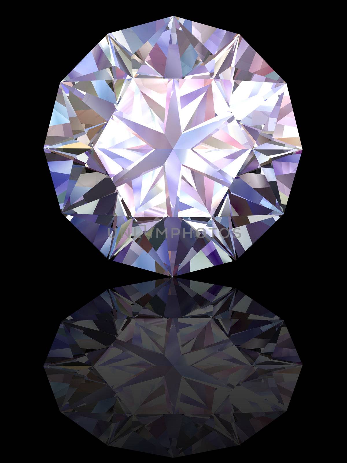 Diamond on glossy black background. High resolution 3D render with reflections