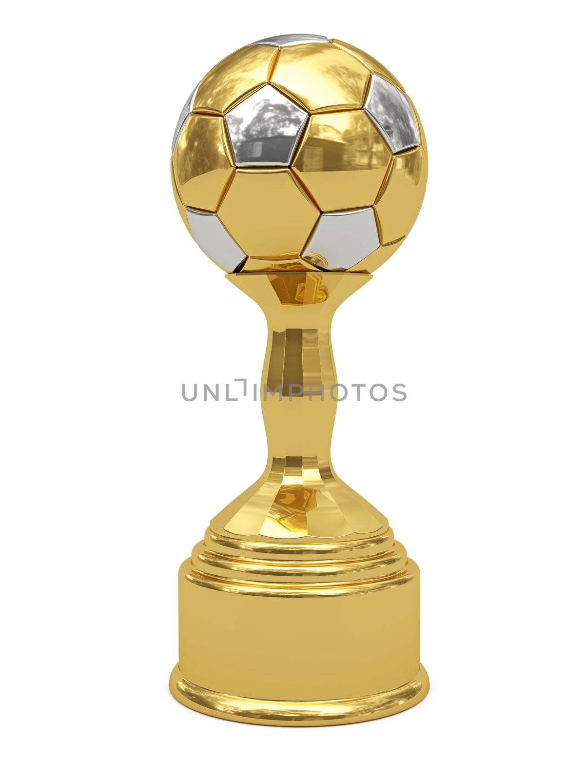 Golden soccer ball trophy on pedestal isolated on white. High resolution 3D image