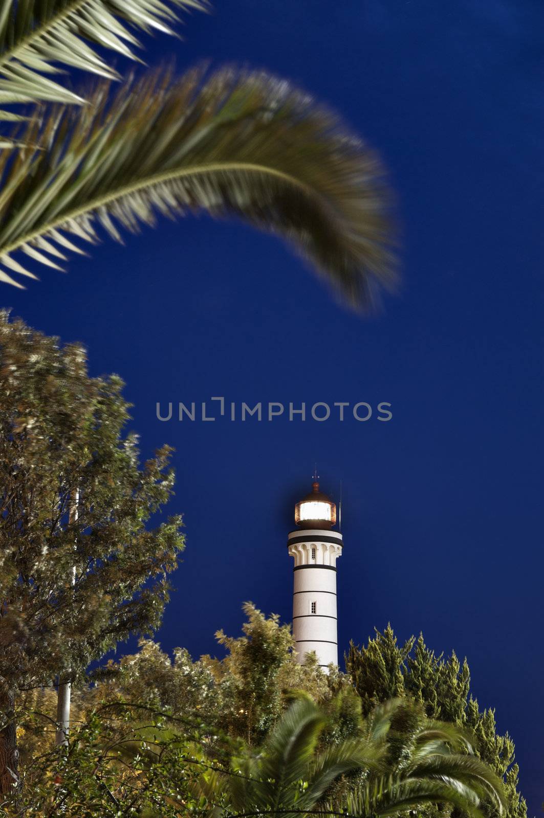 Lighthouse at night in Vila Real de Santo Antonio, Algarve, Portugal