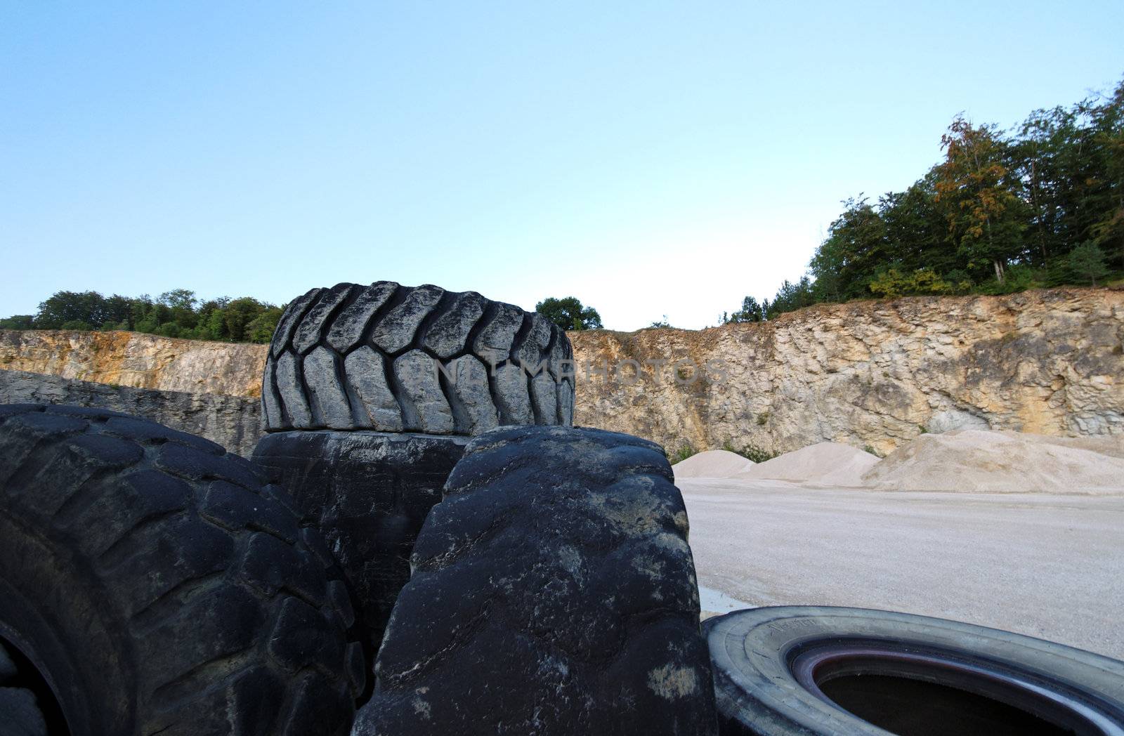 Old truck tires in a stone quarry in south western Germany