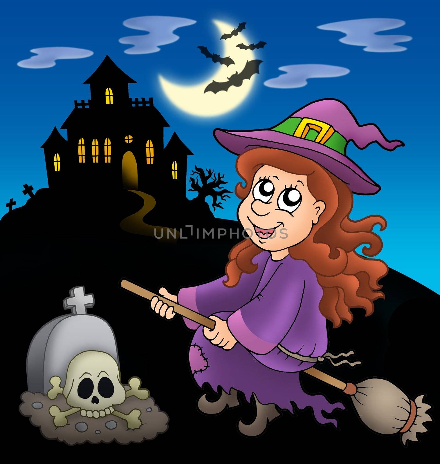 Cute witch on broom with mansion by clairev