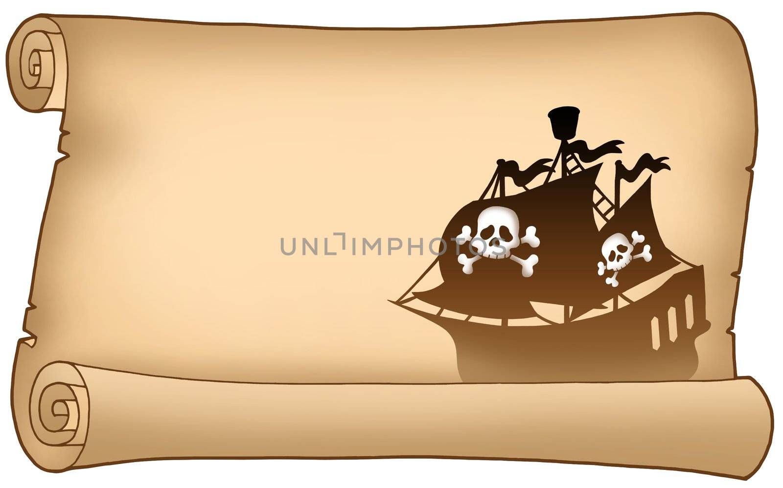 Parchment with pirate ship silhouette - color illustration.