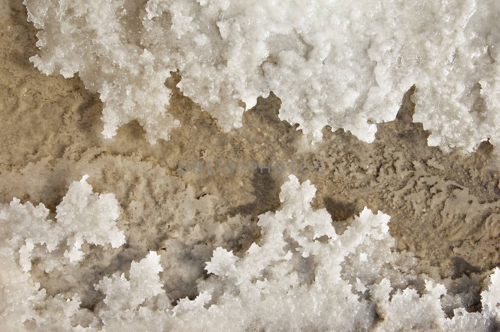 Crystallized salt in an evaporation pond, Algarve, Portugal