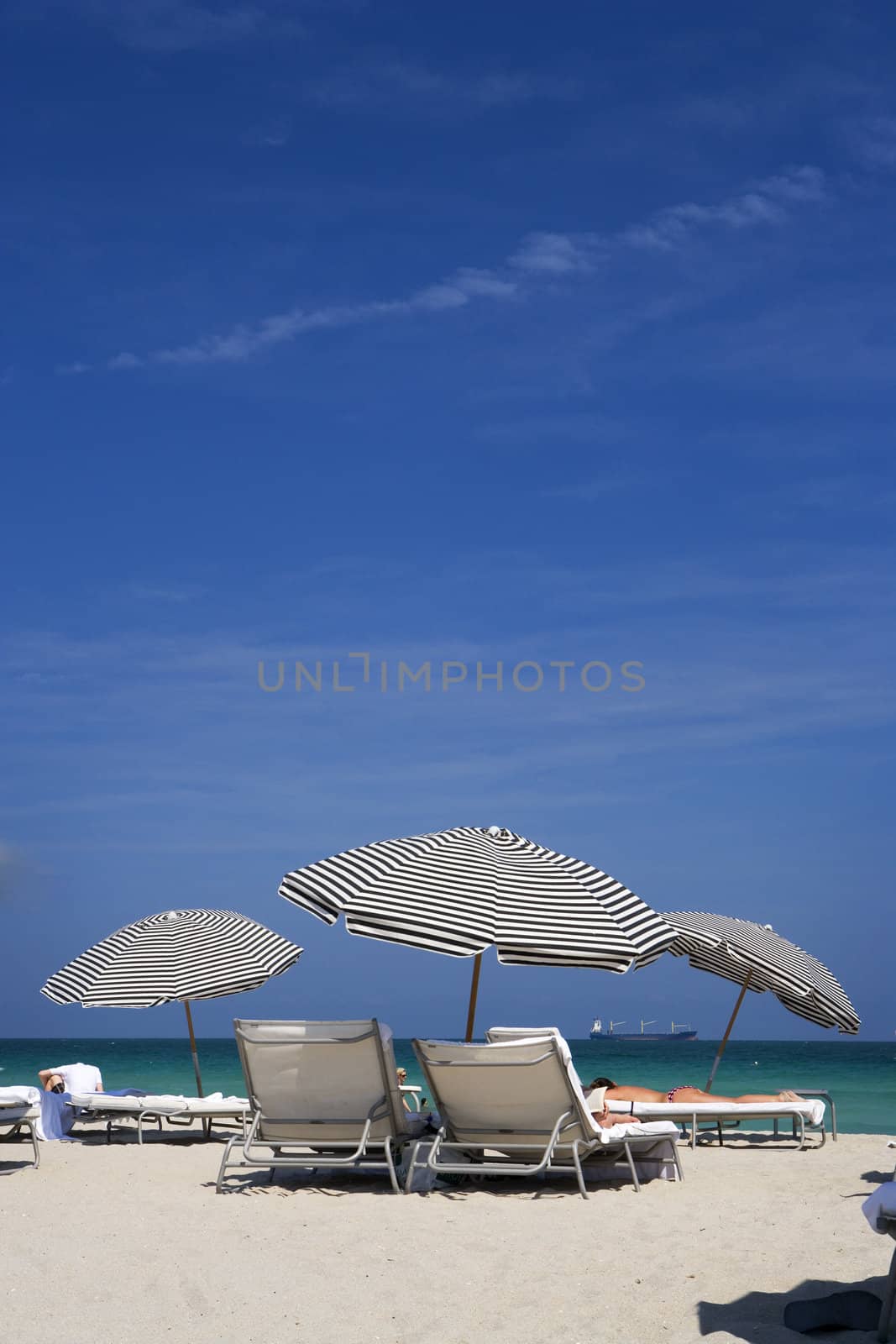 Big umbrellas are staked into the sand for beach goers in sunny Miami, Florida.