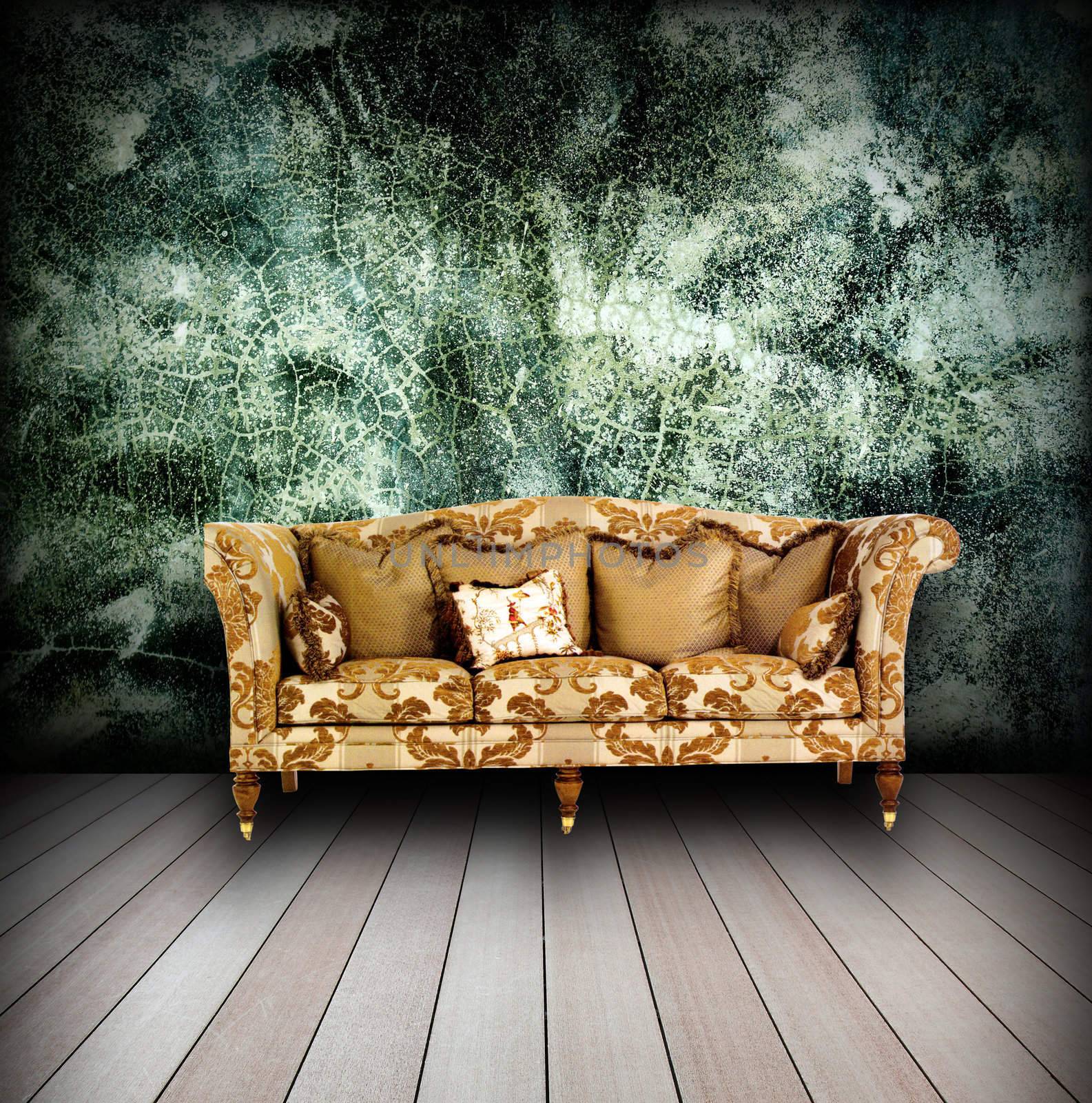 interior grunge room with classic sofa  by rufous