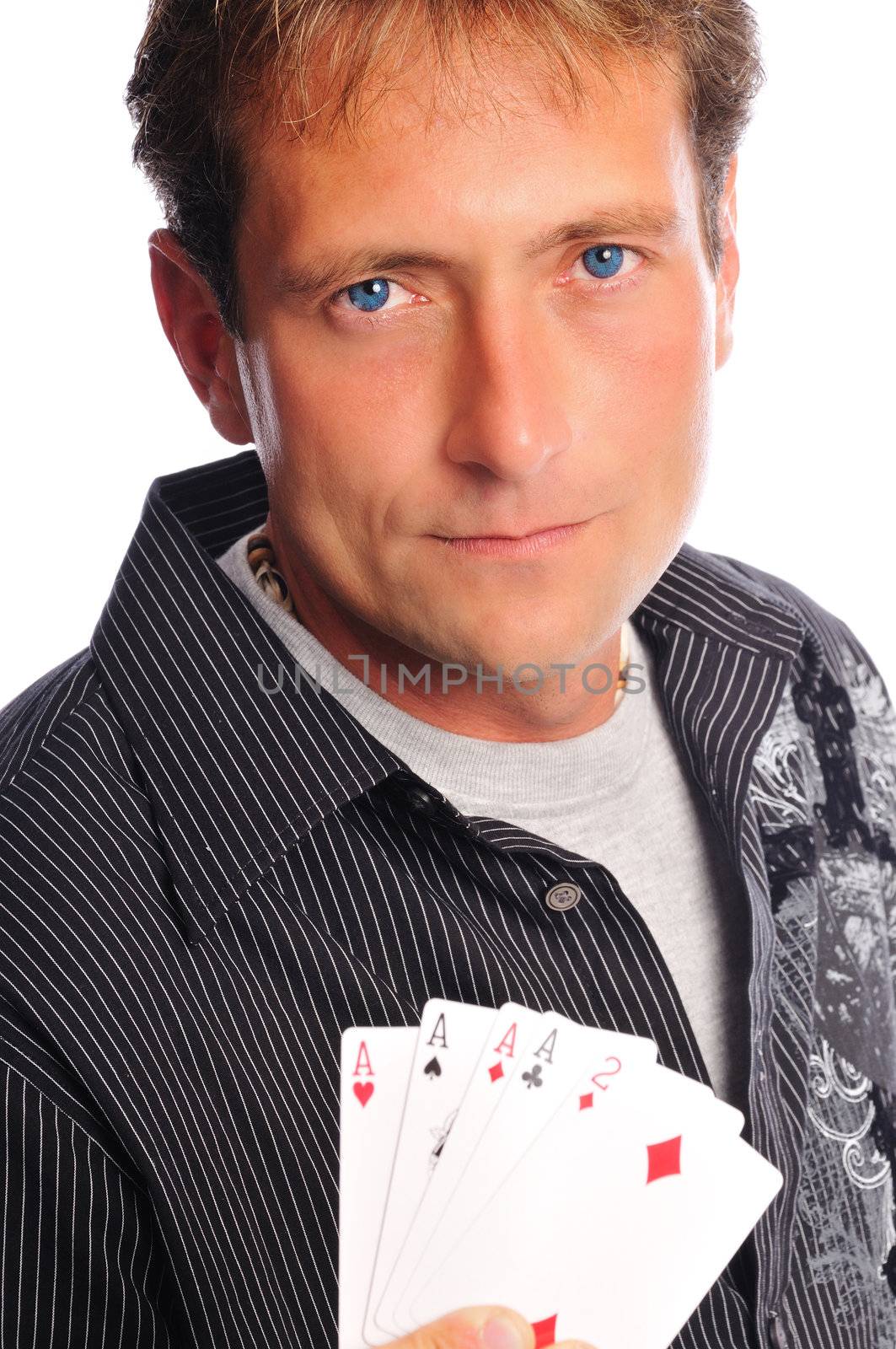 man with four of a kind has his poker face on