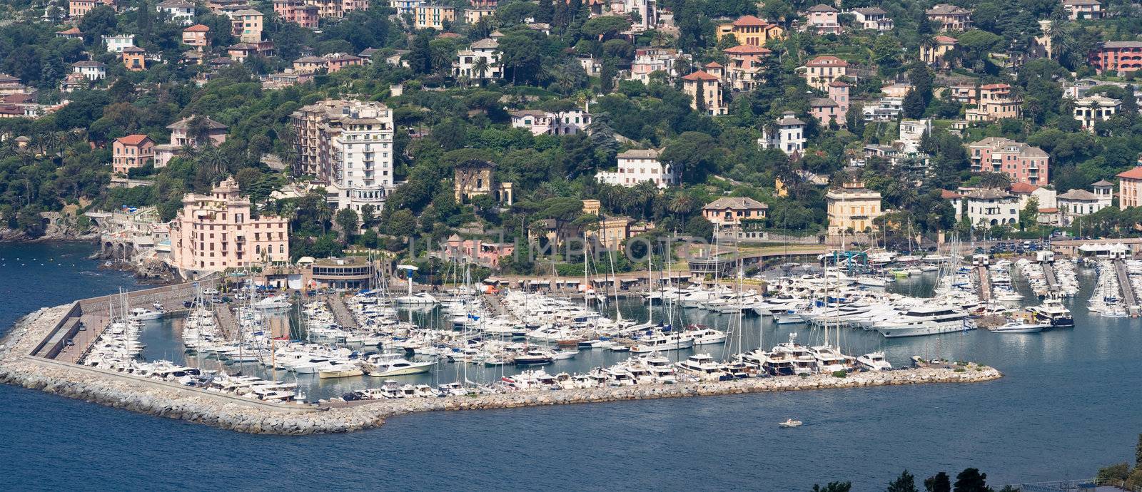 aerial view of Rapallo marina in mediterranean sea. Rapallo is a small town near Genova in Liguria, Italy