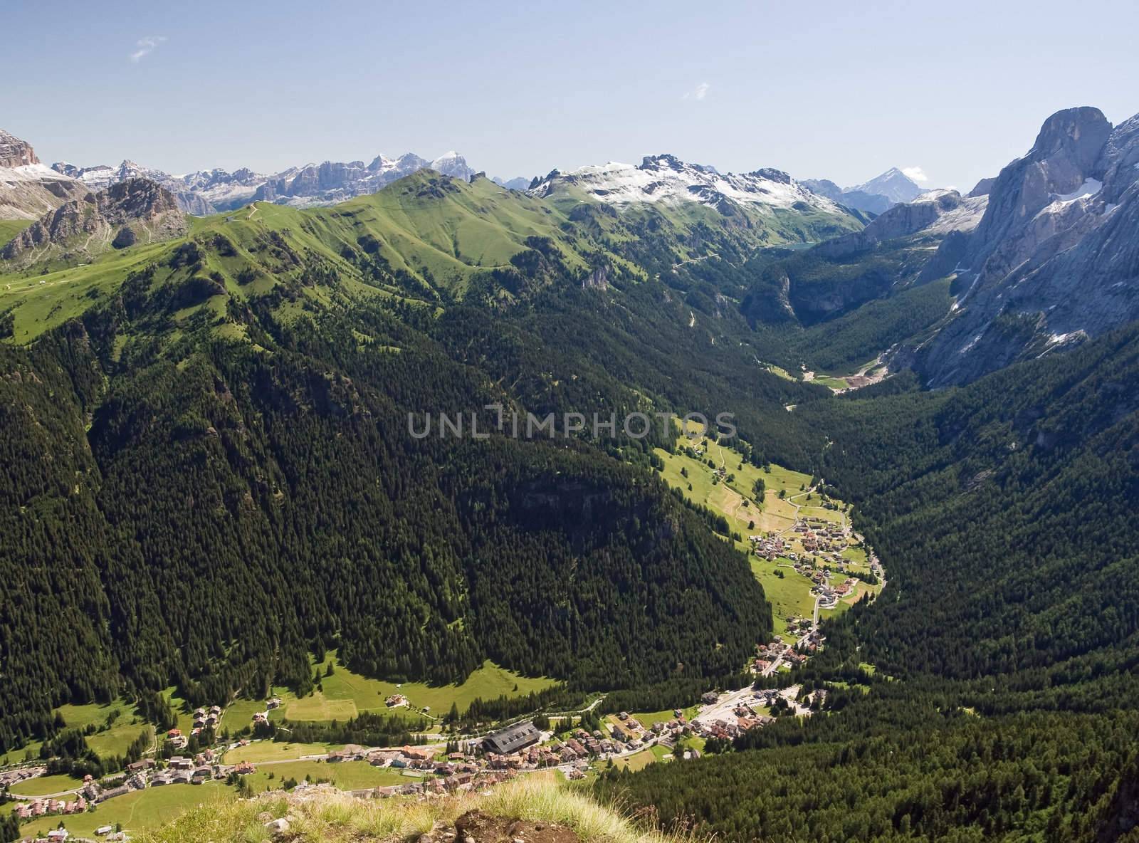 Aerial view of Fassa valley from Alba di Canazei to Fedaia pass
