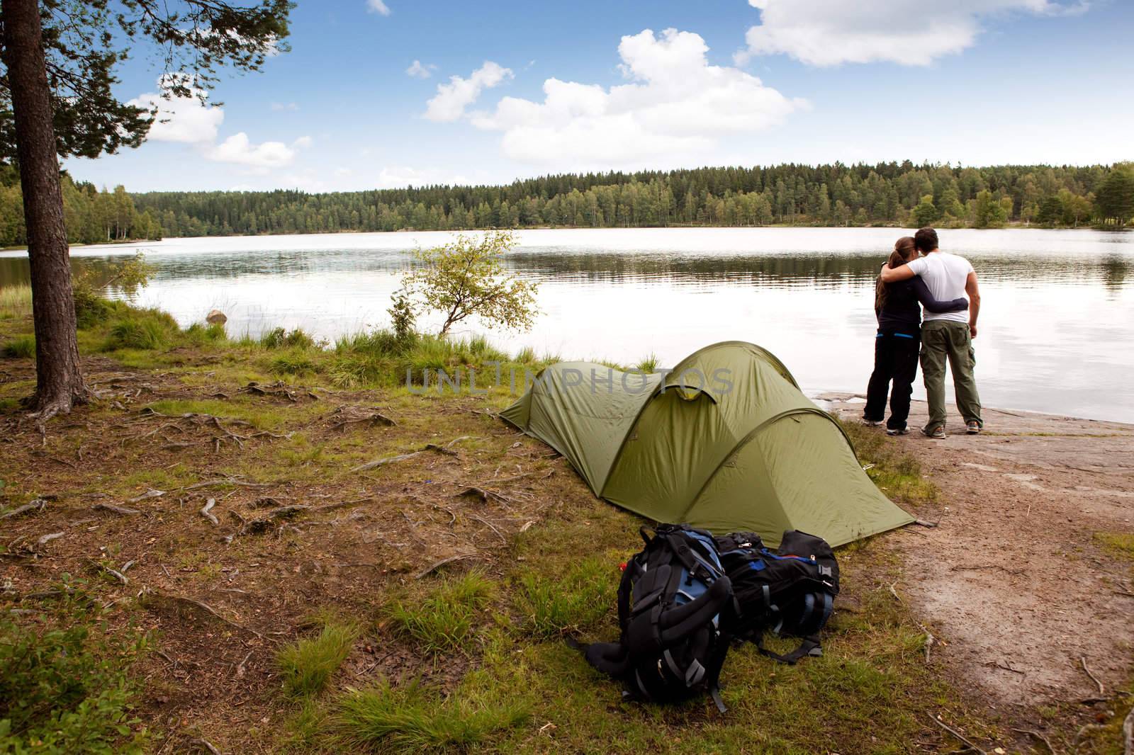 Camping by Lake by leaf