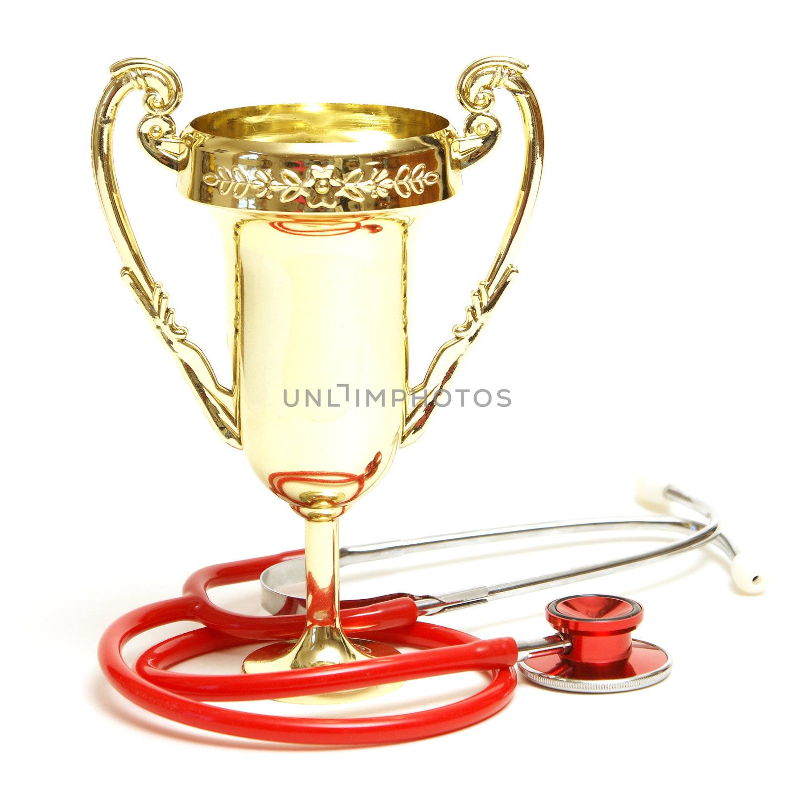 A trophy and stethoscope represent some award winning healthcare professionals.