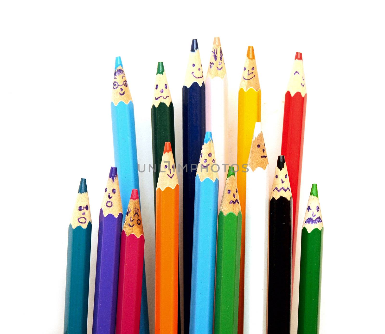 Happy group of pencil faces on white