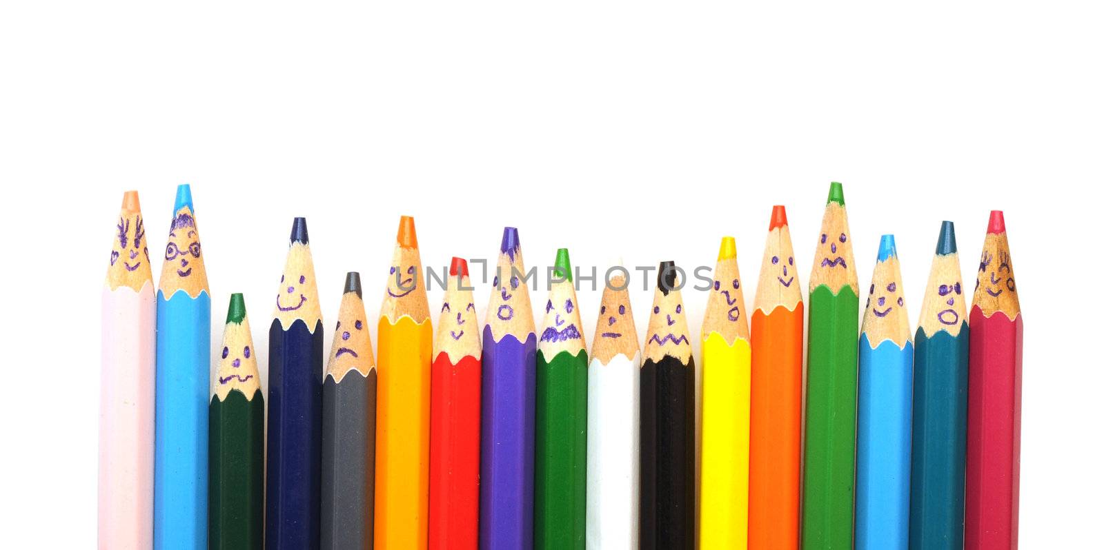 Happy group of pencil faces isolated on white 