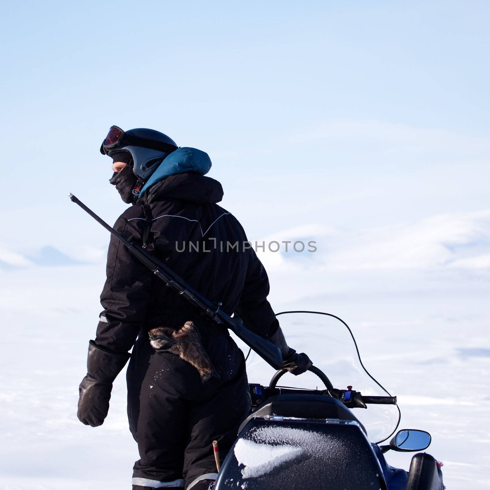 An arctic guide equiped with a rifle, looks out on the horizon