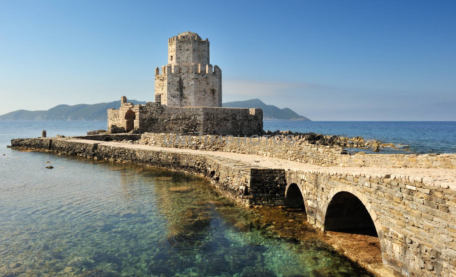 Picture of the watchtower from the medieval castle at Methoni, southern Greece, as it extends into the sea.