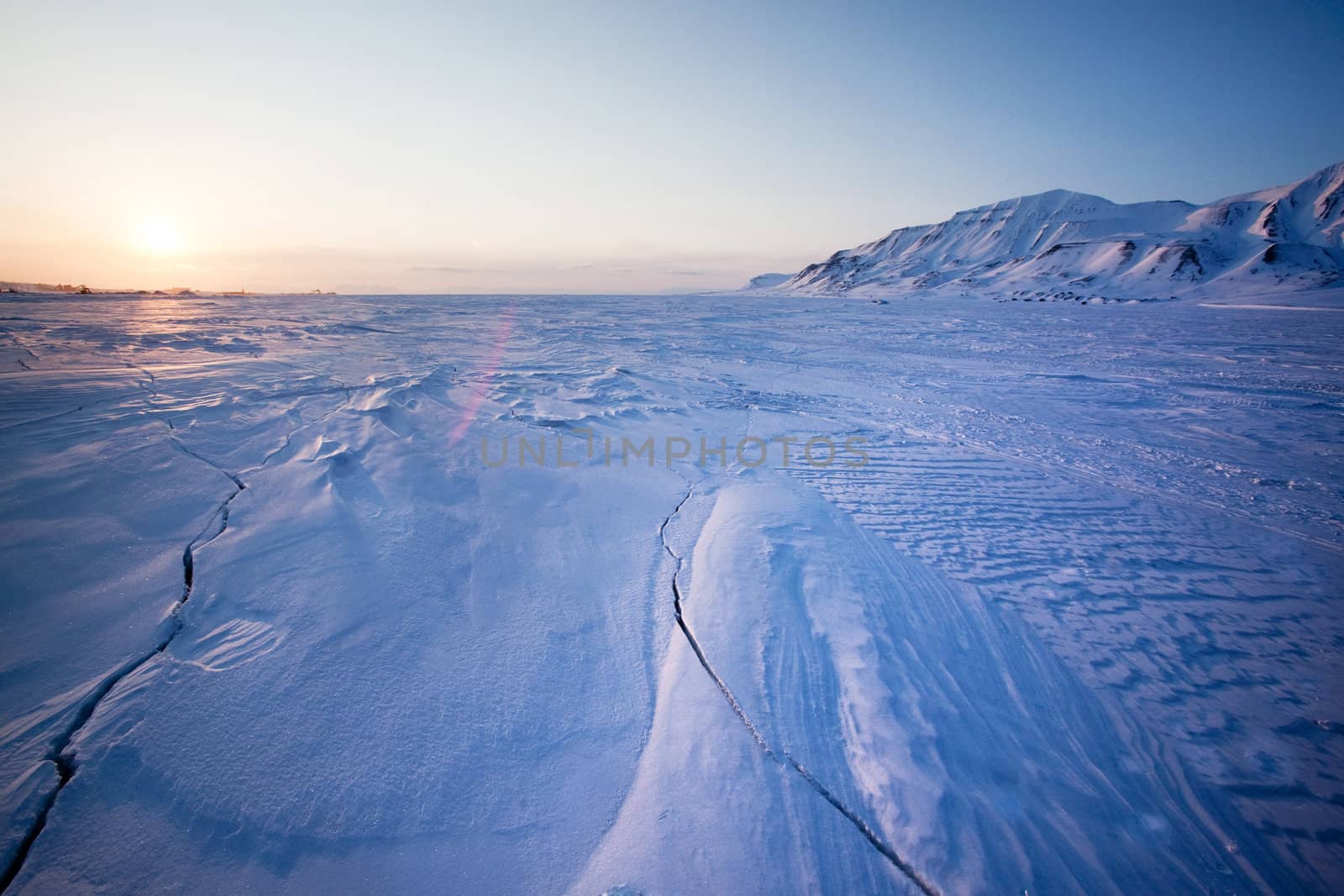 A landscape on the island of Spitsbergen, Svalbard, Norway late at night. View from Longyearbyen.