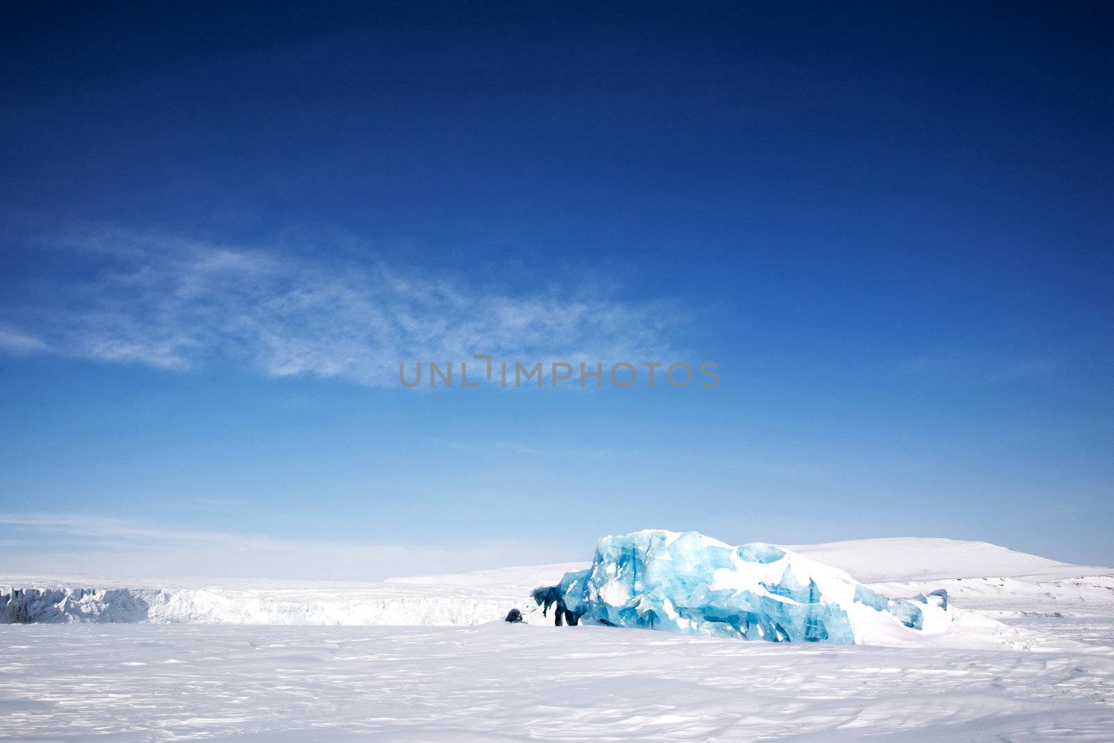 Frozen ocean and glacier ice on the coast of Spitsbergen Island, Svalbard, Norway