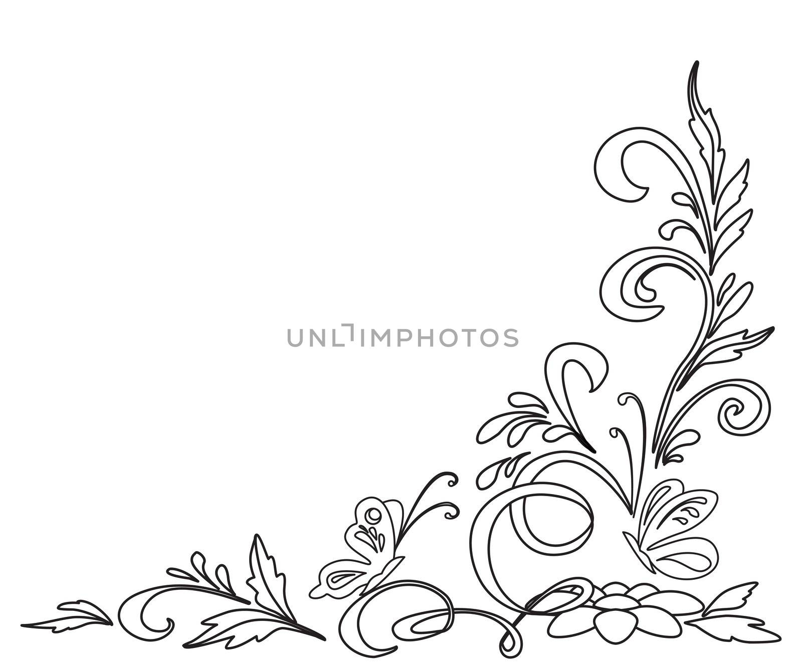 Background, abstract floral pattern, isolated black-and-white contours