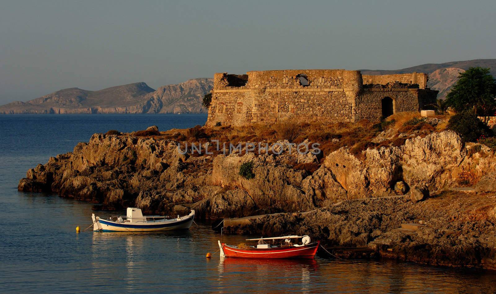 Image shows an old small castle on the island of Kithira, Greece