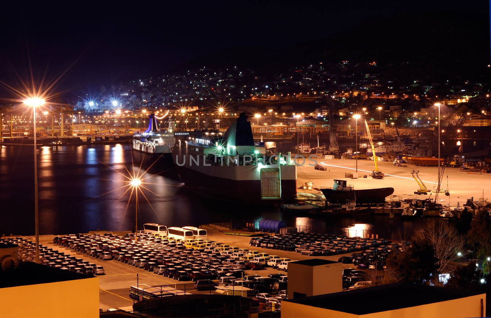 Image shows a part of the port of Piraeus, in Greece, captured at night