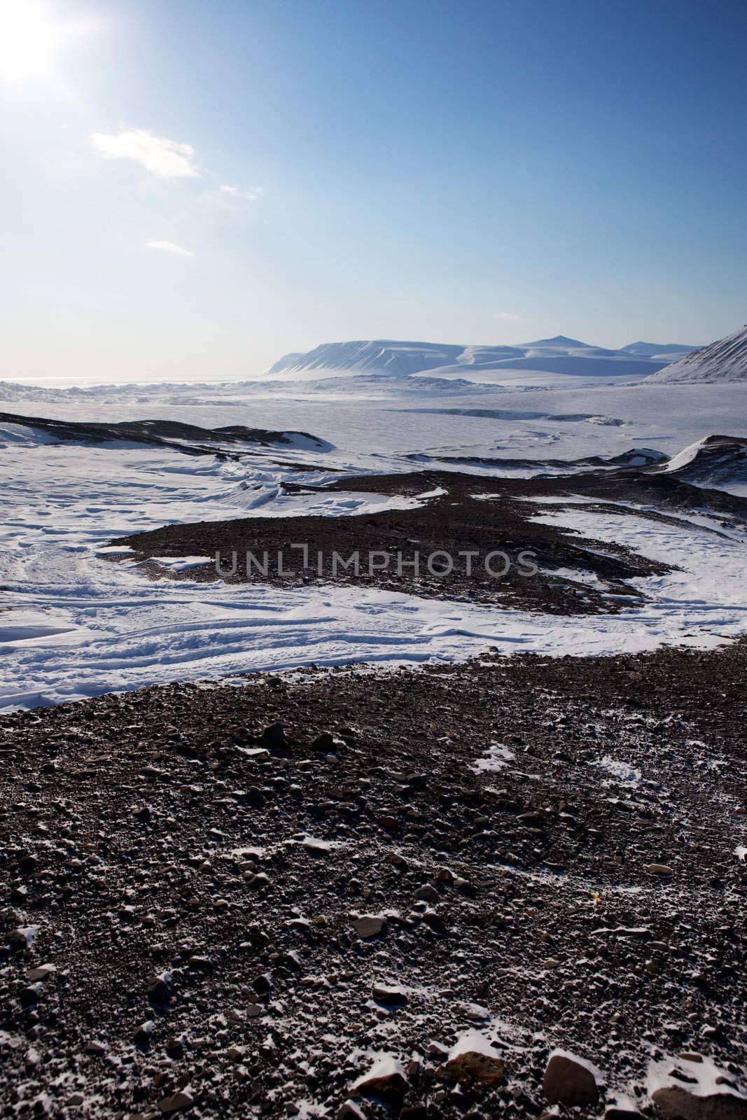 A cold and barren winter landscape in Svalbard, Norway