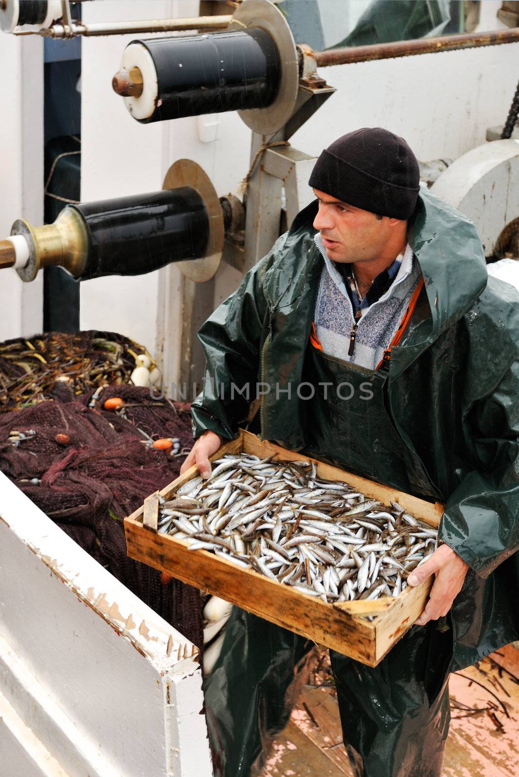 Fisherman carrying box with fish by akarelias