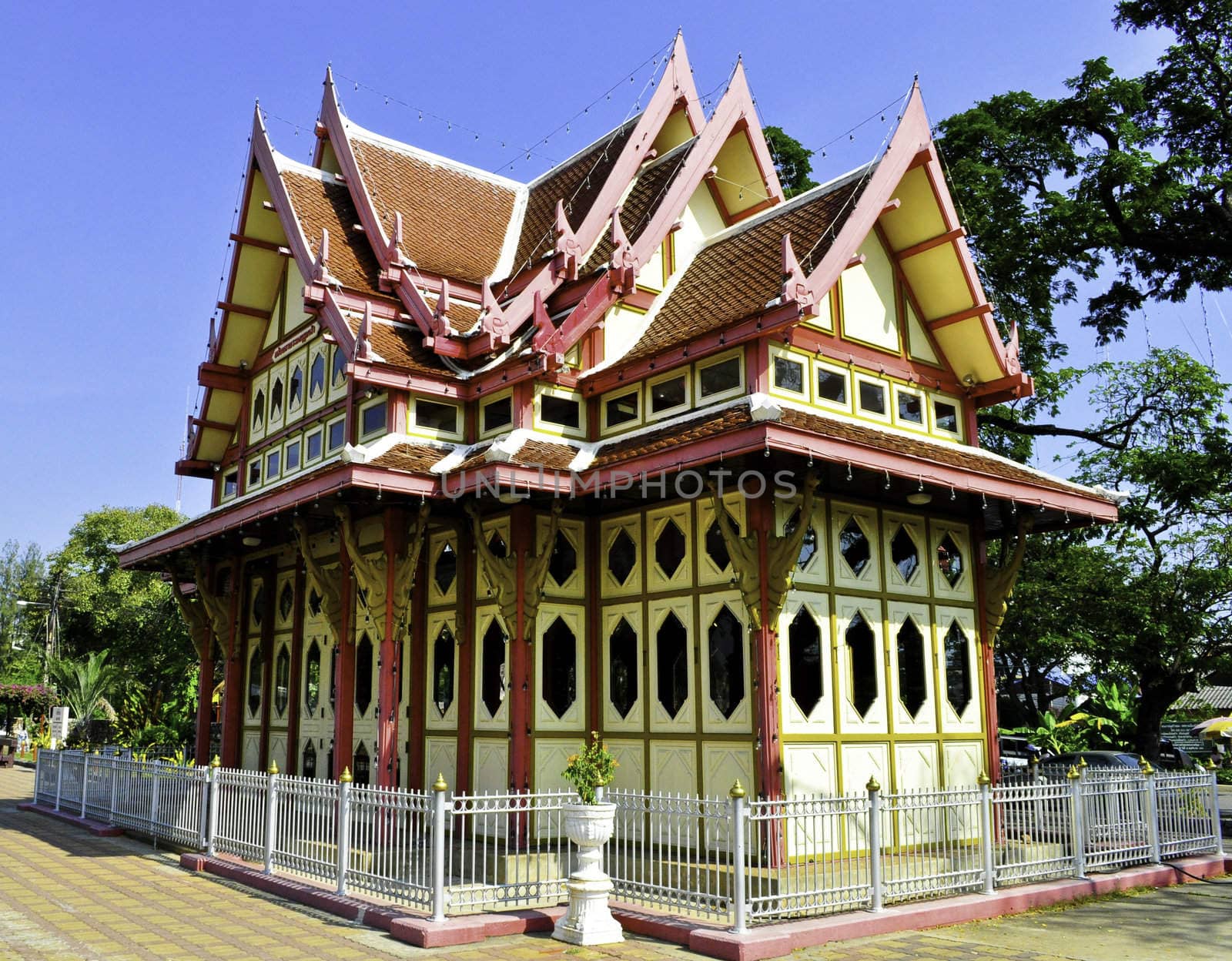 A colorful train station built for the king of thailand in Hua Hin