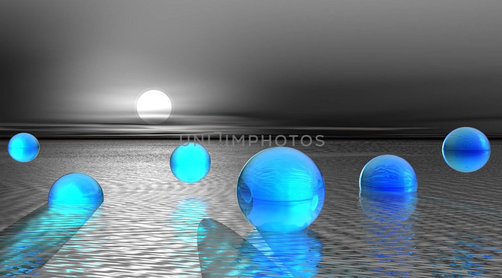 A black and white blue landscape and six balls