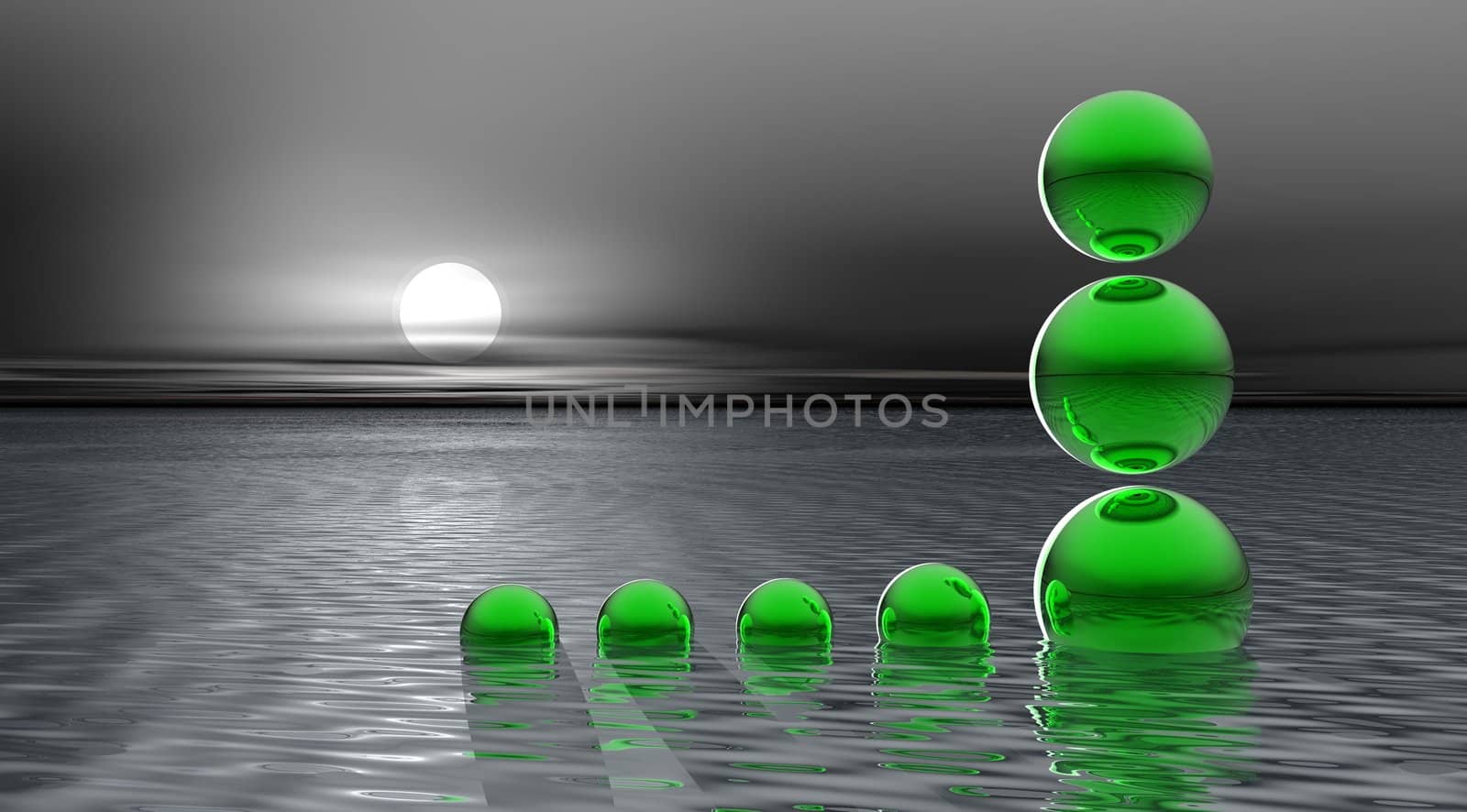 Black and white landscape with seven balls greengre