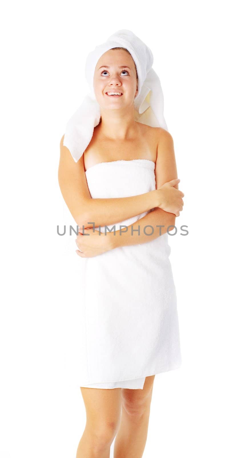 Beautiful young spa woman on white, from a complete series of photos.