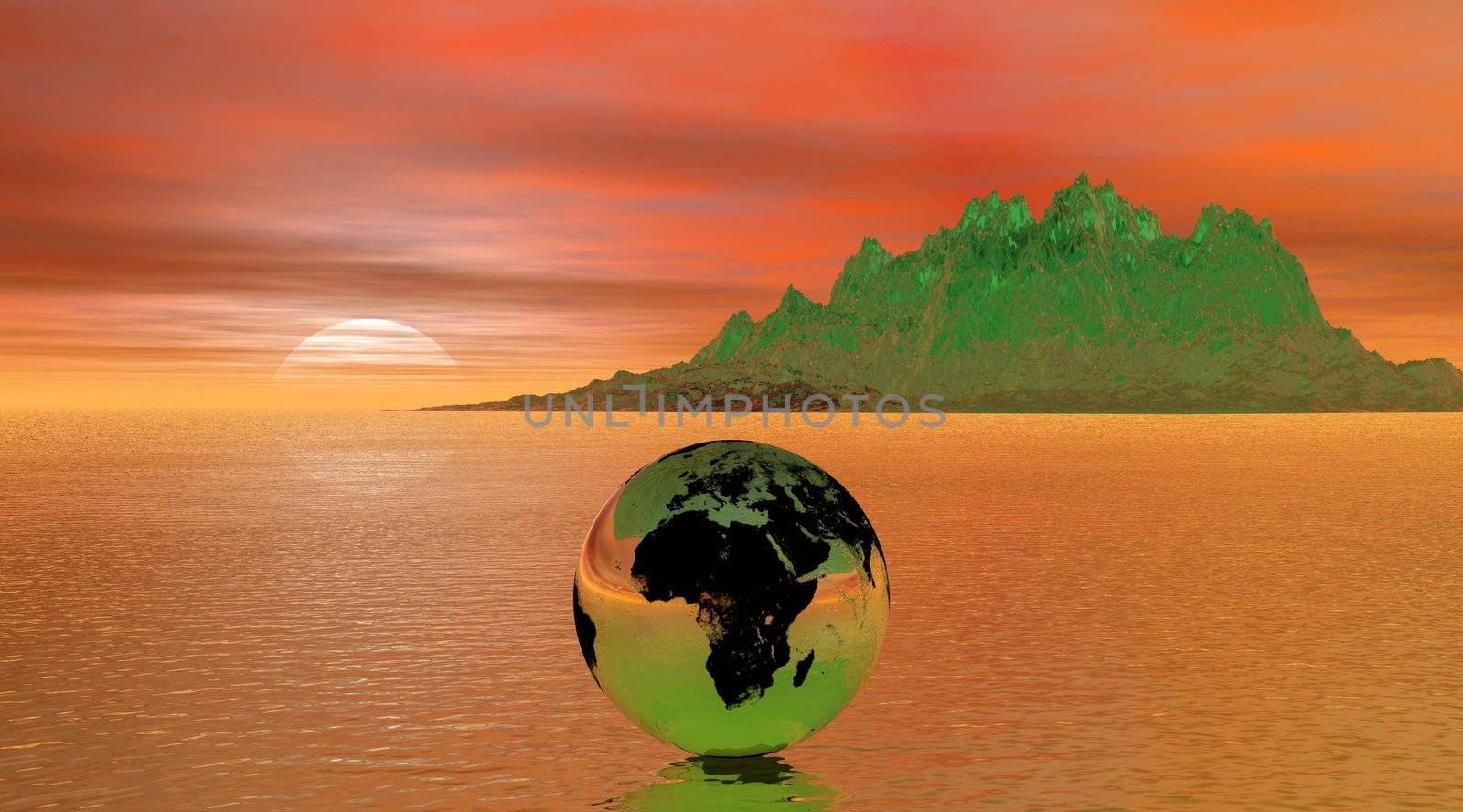 Planet on the water with a green mountain and an orange landscape