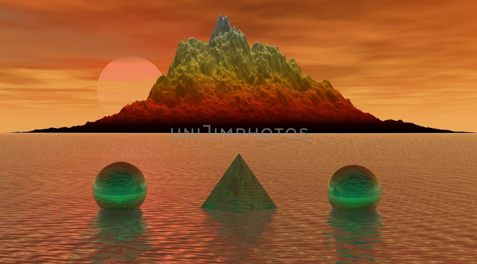 Mountain at the edge of the water and on the water pyramid and balls