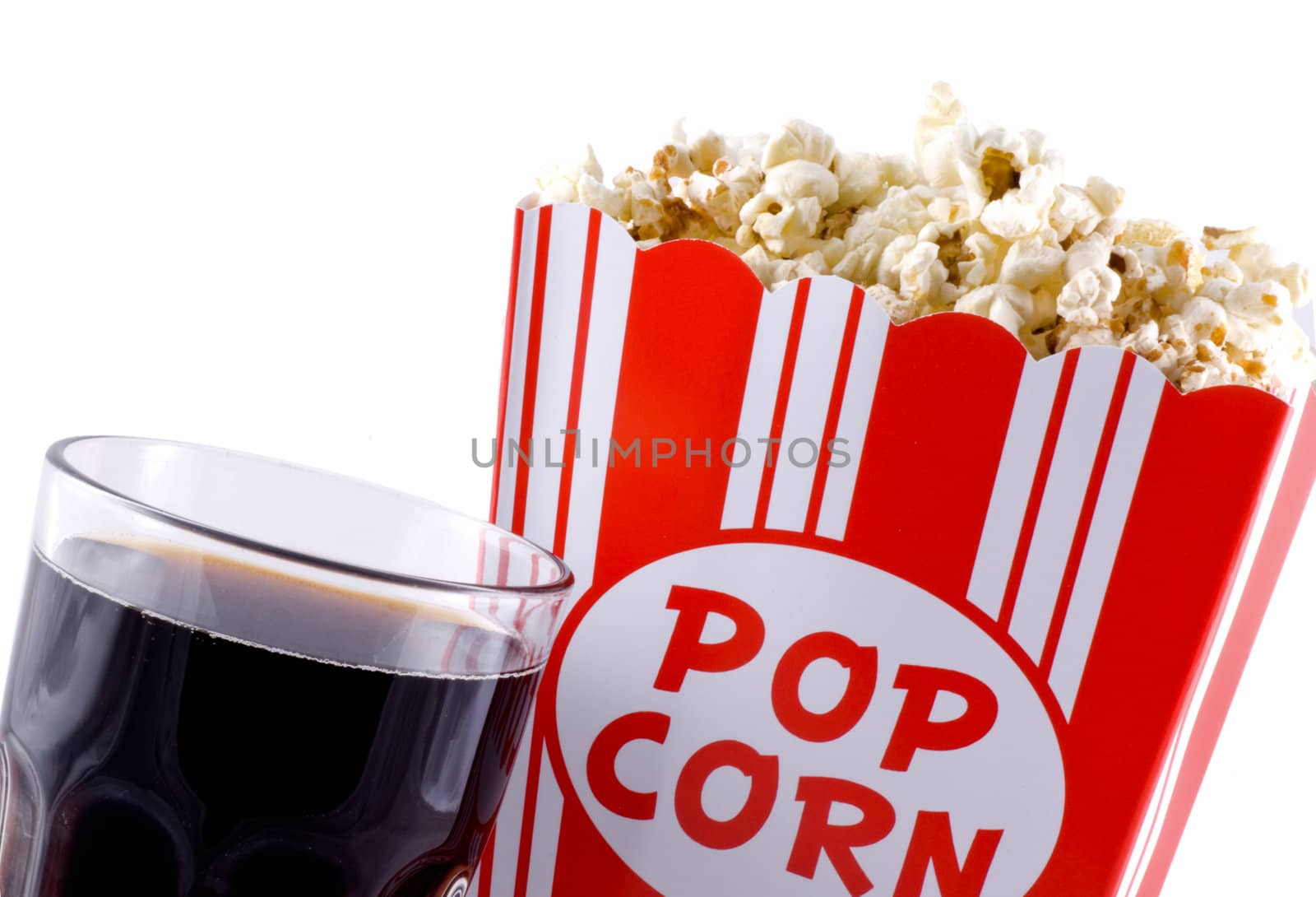 Box with popcorn and a glass of cola isolated on white.