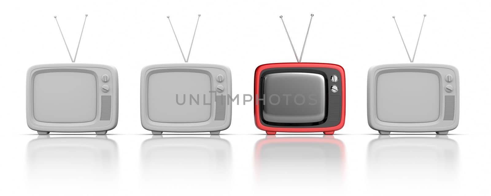 3D rendred retro TV's in a row.